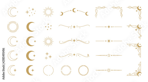 Golden celestial design elements set, including ornate crescents, suns, stars, decorative dividers, and elegant corner frames for esoteric craft