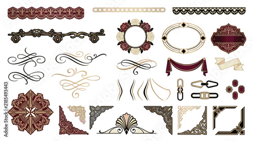 Set of luxury vintage ornament design elements, Victorian flourishes, elegant floral borders, decorative corners, frames, and dividers for elegant invitations