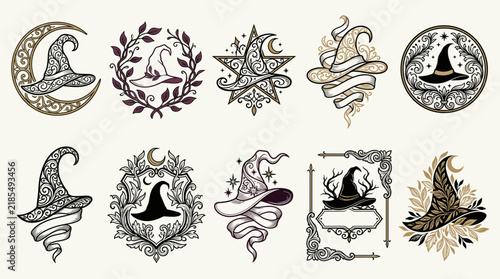 Collection of intricate witch hat illustrations featuring crescent moons, stars, and floral frames in a vintage occult and magical design style