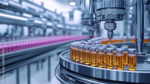 Drug manufacturing process. Conveyor with medical ampoules line at a modern pharmaceutical
