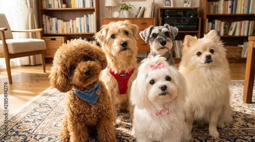 Five different small dogs sitting in cozy home living room