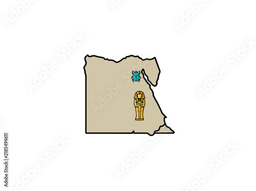 Egypt Map Illustration With Scarab Beetle And Sarcophagus Vector Illustration
