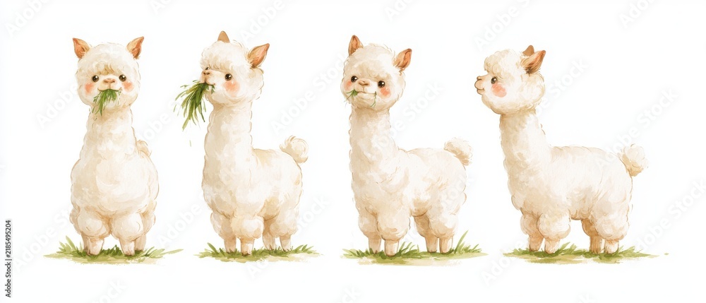 Fototapeta premium Cute watercolor illustration of a fluffy alpaca standing and eating hay, four different poses in a horizontal row, character sheet, isolated on a white background, soft colors, children's book
