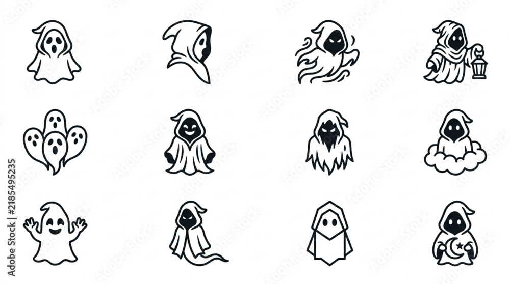 Fototapeta premium Dynamic Set of Black and White Ghost Illustrations Featuring Various Spooky and Playful Ghost Characters with Different Expressions and Accessories