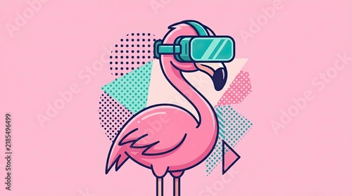 Flamingo wearing VR headset in retro geometric style