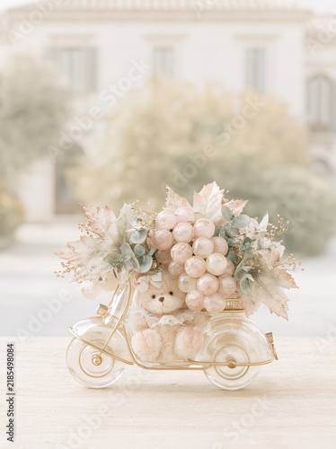 Cute teddy bear on scooter with grapes and autumn leaves.
