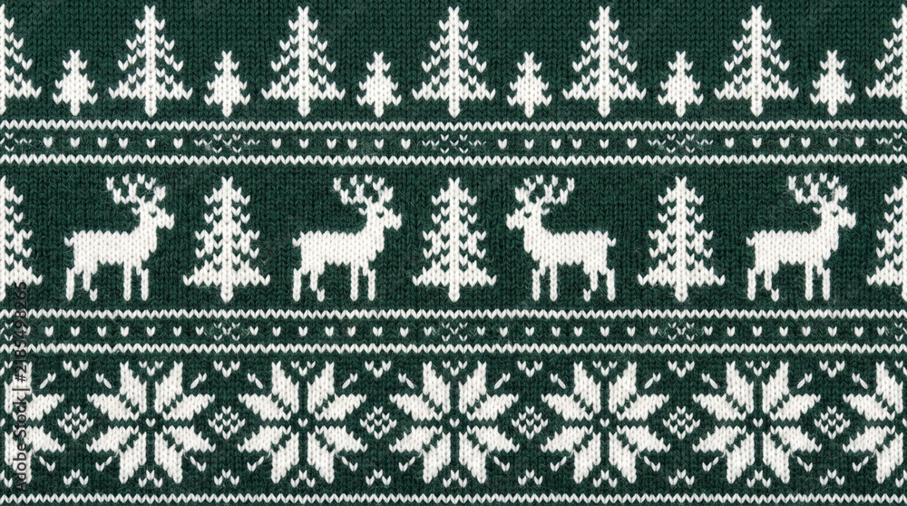 Christmas sweater knit background vector texture with deer and trees