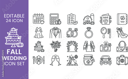 Fall Wedding Line Icon Set Vector Outline Icons for Autumn Marriage Ceremony Rustic Bridal Celebration Event Planning and UI Design
