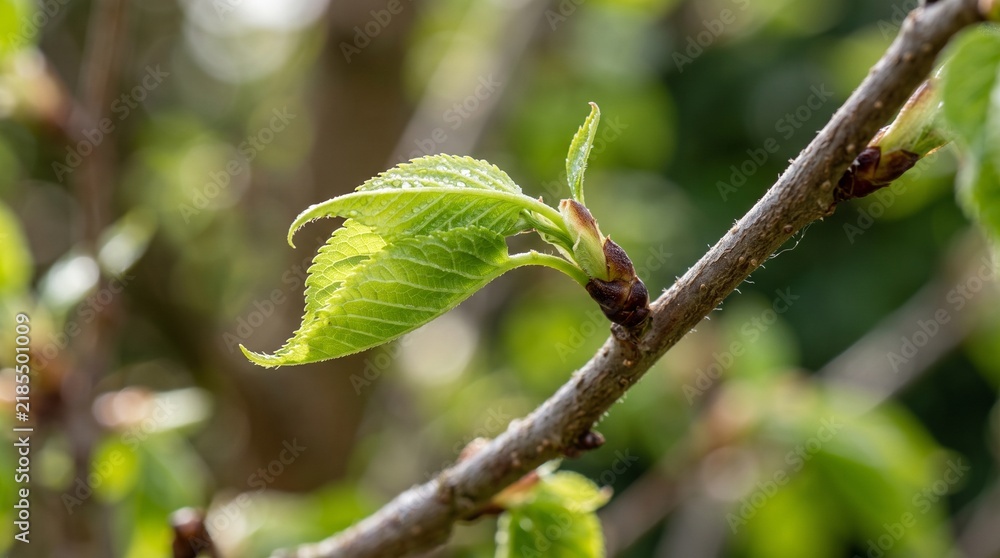 Fototapeta premium Close up of a new bright green leaf unfurling from a tree branch in soft sunlight