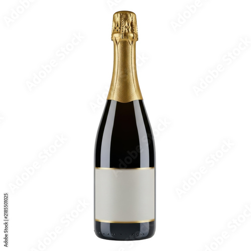 Champagne bottle with blank label isolated on white background for product design.