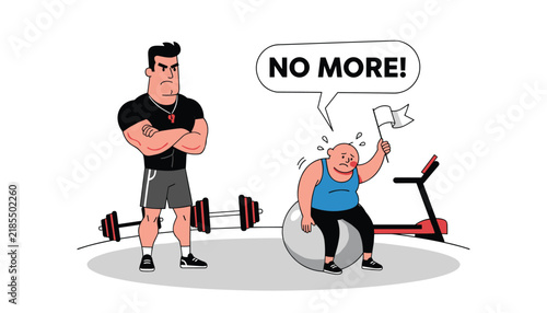 Gym Coach and Tired Man Surrendering Workout Vector Illustration