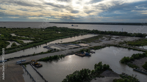 An aerial view of a mangrove forest with a river in the background; a large river is the backdrop.