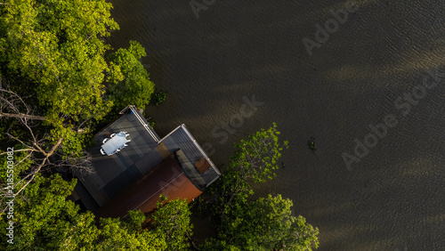 An aerial view of a mangrove forest with a river on both banks, lined with mangrove trees.