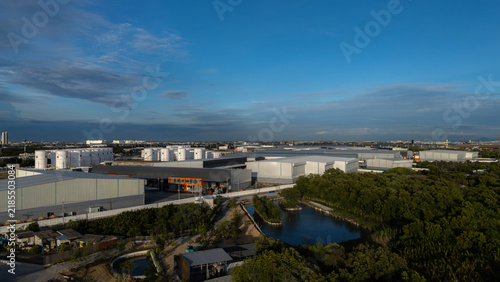 An aerial view of the industrial estate, with a beautiful blue sky.