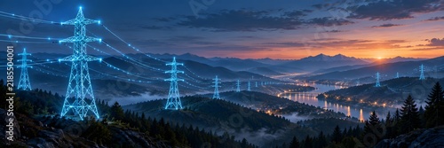 Wide panoramic view of smart grid transmission towers with glowing digital connections crossing a mountainous landscape to supply efficient energy to a distant valley city at twilight