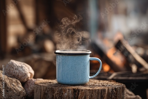 Light blue enamel mug steaming near campfire