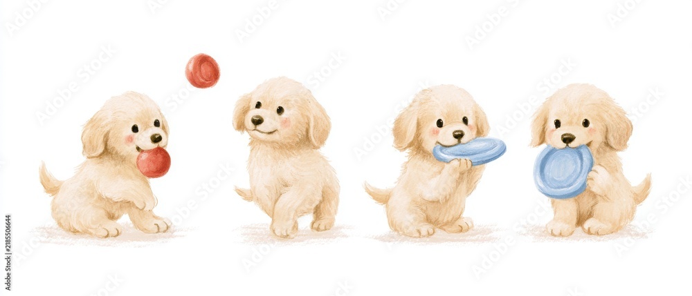 Obraz premium Cute watercolor illustration of a golden retriever puppy playing with a ball and frisbee, four different poses in a horizontal row, character sheet, isolated on a white background, soft colors