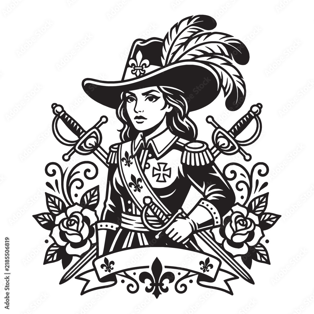 Fototapeta premium Black and White Vector Illustration of a Brave Female Musketeer Swashbuckler Warrior with Crossed Swords, Roses, and Fleur-de-lis Heraldry Design