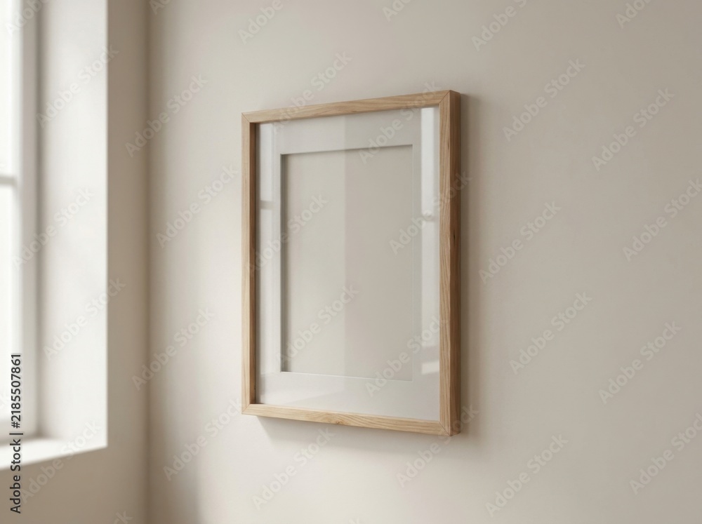 Fototapeta premium An empty picture frame hanging on a plain wall enclosing only bare...