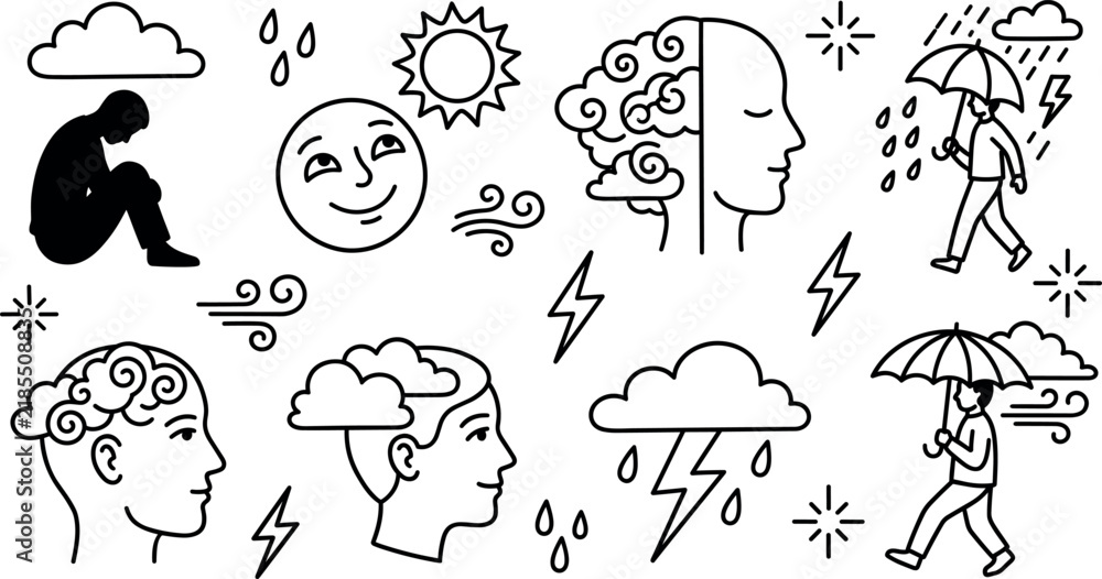 Fototapeta premium Mental health and psychology line art vector set featuring depression mood swings stress storm clouds and emotional wellness doodles