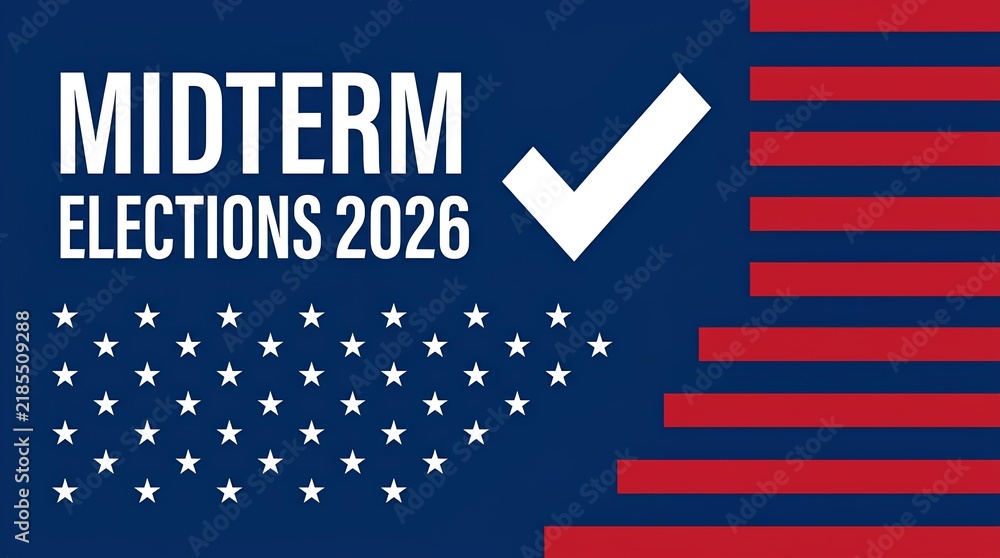Fototapeta premium US midterm elections 2026 graphic with checkmark and patriotic stars.