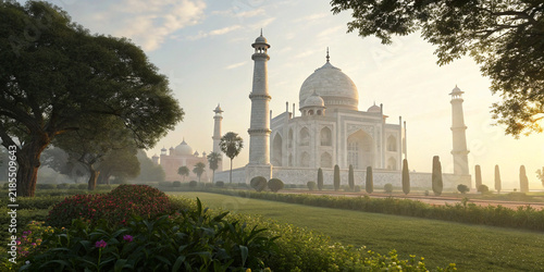 Taj Mahal glowing in peaceful sunrise garden
