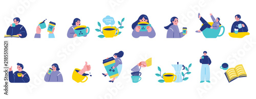 Naklejka コーヒー好きの人々のイラストセッtp