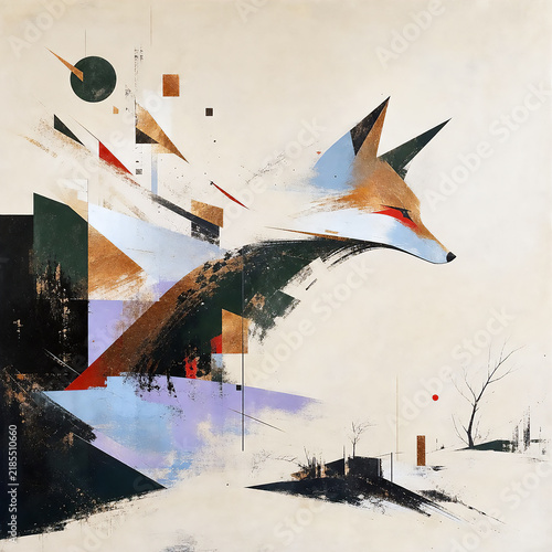 abstract art, surreal, whimsical, fine art, hidden image, fox, negative space