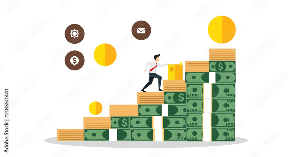 Naklejka premium Businessman Climbing Money Staircase for Financial Growth and Success