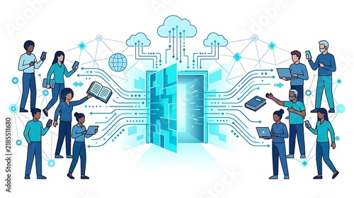 Diverse group of people connecting to a central digital cloud portal with technology devices.