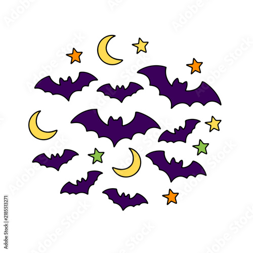 Cute Halloween Vector Clipart With Bat, Moon and Star Isolated On White Background
