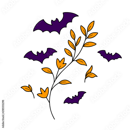 Cute Halloween Vector Clipart with Purple Bats and Orange Autumn Botanical Branch isolated on White Background