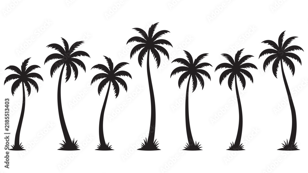 Naklejka premium Seven Palm Trees Silhouette Line Art Illustration