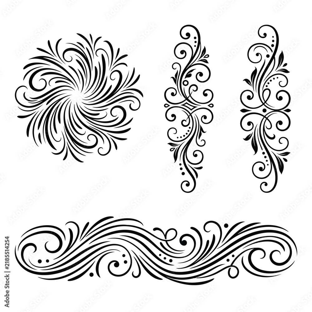 Fototapeta premium Elegant floral swirl vector graphic design elements featuring intricate black filigree curves on white background