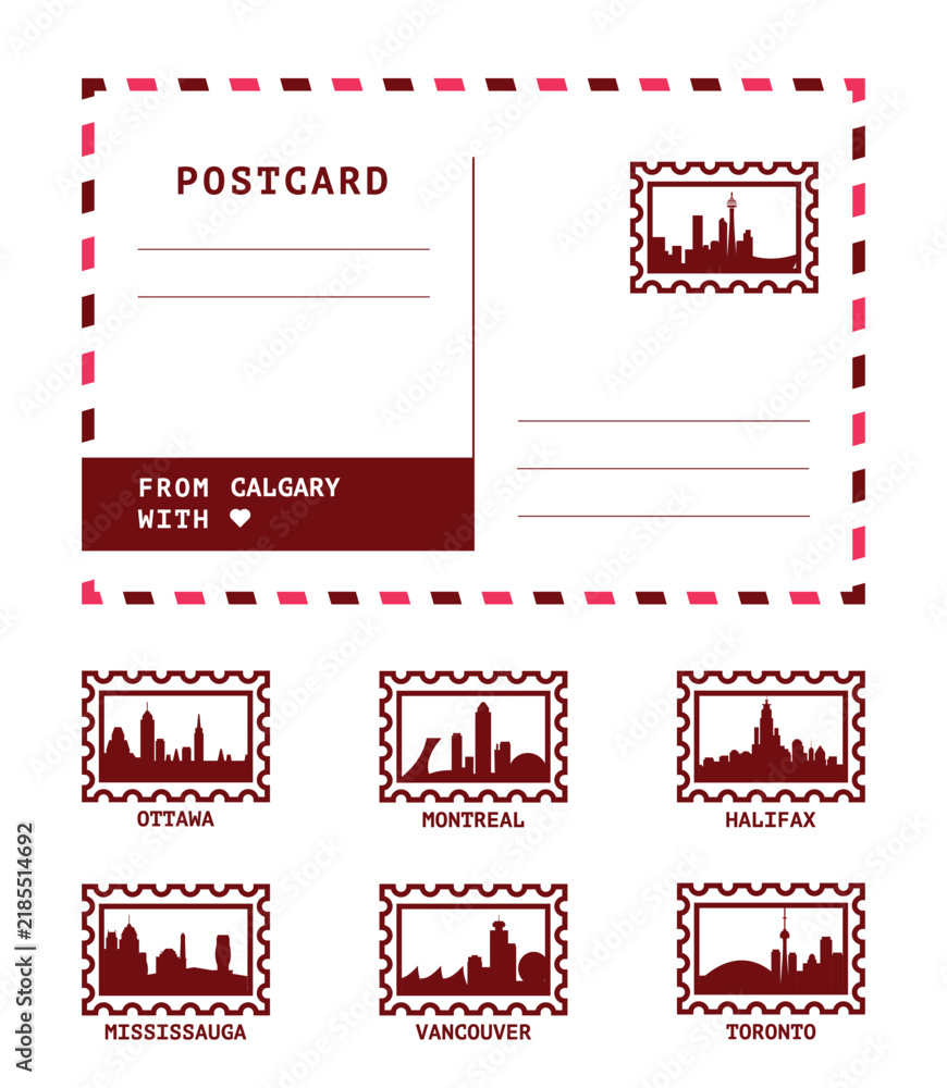 Obraz premium Canada cities postcard templates set with postal stamps and landmarks of Calgary, Ottawa, Halifax, Vacnouver, Mississauga, Toronto, Montreal. Clean vector mock up, postal card constructor