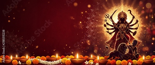 Goddess Durga Silhouette Festive Banner with Glowing Halo, Traditional Clay Diyas, Marigolds, and Ample Copy Space on Dark Red Background for Durga Puja and Navratri