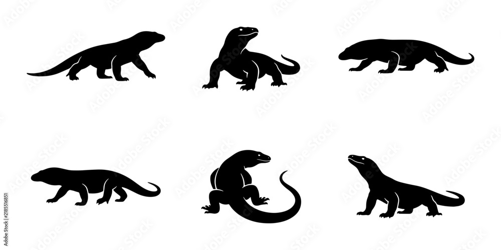 Obraz premium Komodo Dragon Silhouettes, Reptile Vector Icons, Wildlife Animal Graphics, Set of 6