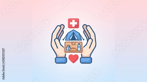 Humanitarian natural disaster aid icon with emergency relief box, food, medical support, shelter and helping hands on pastel background
