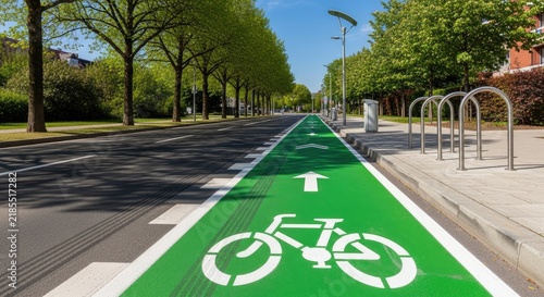 A wide, paved road stretches into the distance under a bright blue sky. A green bike lane is prominently marked with white lines and a bicycle symbol.