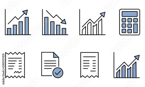 Collection of business growth and financial analysis line icons showing charts calculator and document reports