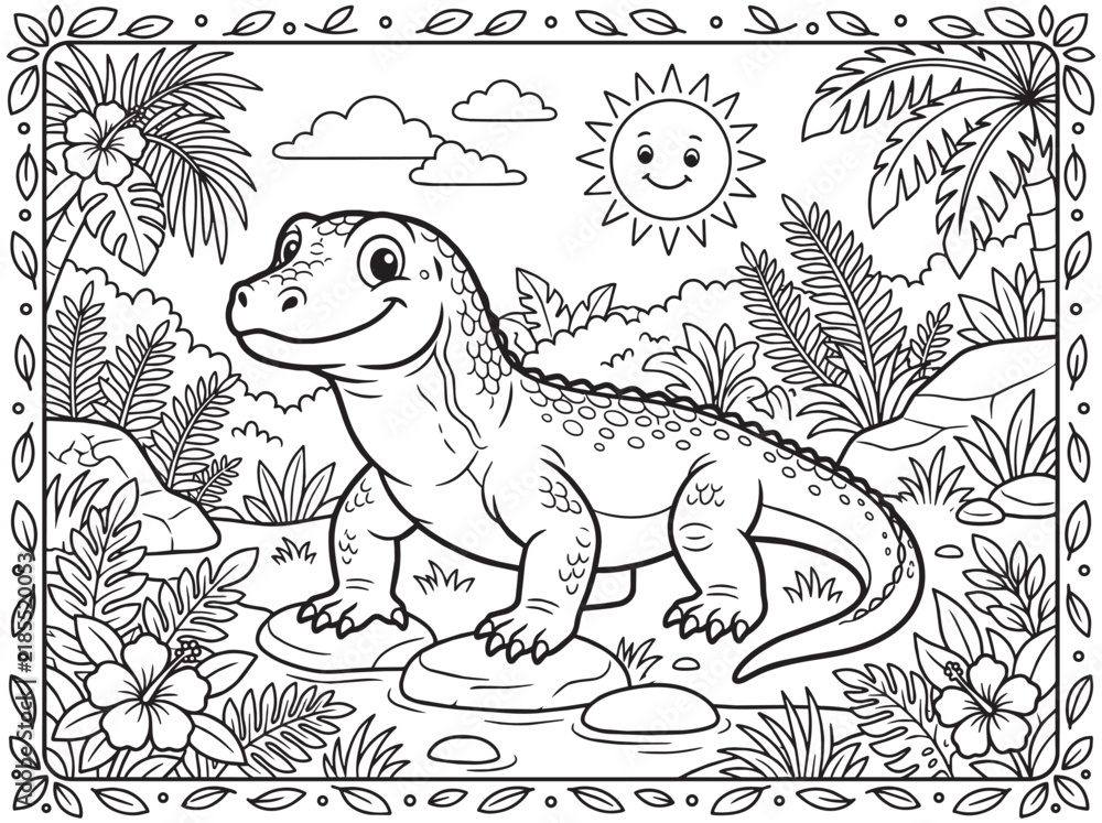 Obraz premium Kid-Friendly Coloring Page of a Cute Komodo Dragon Lizard in a Tropical Jungle, Lineart Outline Illustration for Children's Educational Activity with Sun and Palm Trees.