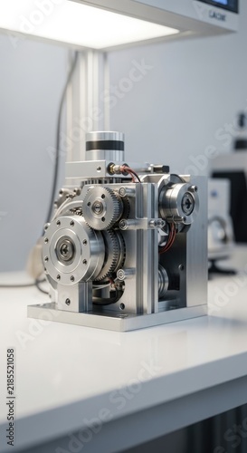 Precision Engineering Machine Component on a Laboratory Benchtop Under Bright Light.