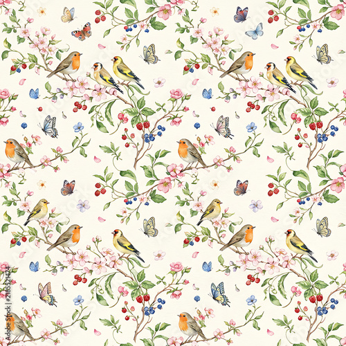 Garden Birds Blossoms and Berries Seamless Pattern