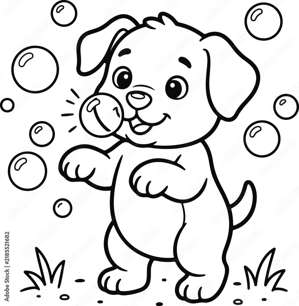 Obraz premium Cute puppy catching a soap bubble, line art coloring page for kids
