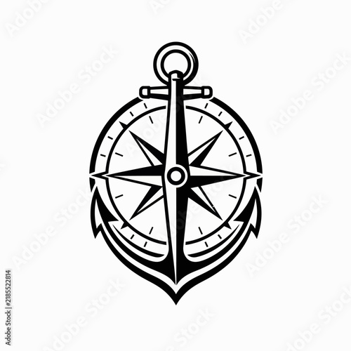 A striking black and white graphic illustration of a nautical compass rose superimposed with a classic anchor.