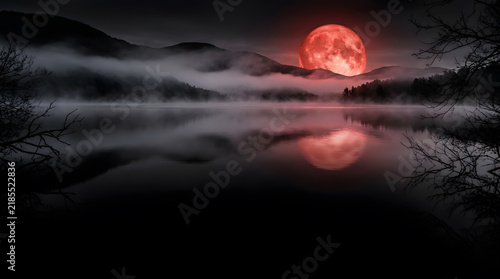 Dramatic blood moon over a misty, dark lake, eerie nocturnal landscape with red moon reflection, mysterious foggy night scene, atmospheric horror or fantasy backdrop.