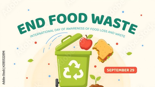 Illustration of ending food waste with recycling bin
