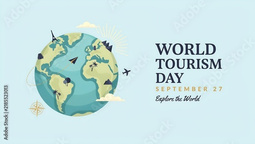 World tourism day globe illustration with airplane