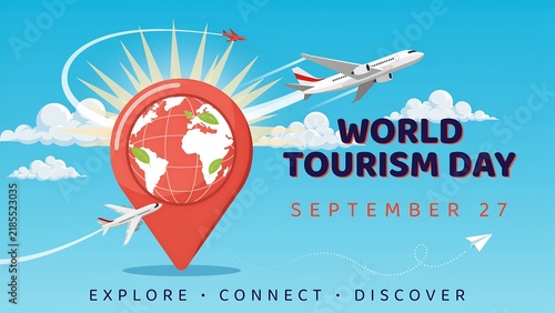 World tourism day graphic with plane and globe