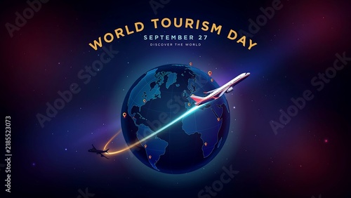World tourism day illustration with airplane and globe